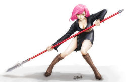 Rule 34 | 1girl, boots, breasts, capcom, cleavage, female focus, fighting stance, full body, jacket, leather, leather jacket, monster hunter (series), pink hair, polearm, rasukaru, short hair, side slit, skirt, solo, spear, weapon, yellow eyes