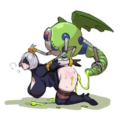 Rule 34 | 1girl, 2b (nier:automata), absurdres, aftersex, alternate body size, alternate breast size, android, arm held back, black blindfold, black gloves, blindfold, blush, boots, breasts, breath, censored, cleavage cutout, clothing cutout, colored cum, cum, cum string, cumdrip, curvy, doggystyle, floating, from side, full body, gloves, grabbing another&#039;s hair, green cum, green wings, grey hair, hanging breasts, high heel boots, high heels, highres, huge breasts, huge penis, kanden-ki, kneeling, leaning forward, mole, mole under mouth, mosaic censoring, nier:automata, nier (series), penis, robot, robot sex, sex, sex from behind, shiny skin, silver hair, simple background, sweat, thigh boots, thighhighs, white background, wings
