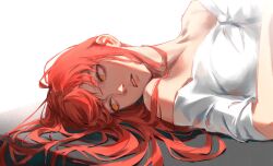 Rule 34 | 1girl, chainsaw man, dress, hair flowing over, highres, kozzz y, long hair, looking to the side, makima (chainsaw man), parted lips, red hair, ringed eyes, simple background, solo, white background, white dress, yellow eyes
