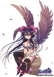 Rule 34 | 1girl, absurdres, ankle ribbon, arm support, armor, between legs, bikini armor, black hair, black thighhighs, breasts, cleavage, copyright name, demon horns, feathers, full body, gem, hand between legs, heart, heart tattoo, highres, horns, leg ribbon, long hair, looking at viewer, magia break, official art, pauldrons, pointy ears, purple eyes, ribbon, shoulder armor, sidelocks, sitting, skirt, slippers, smile, solo, tattoo, thighhighs, transparent background, usamata, very long hair, wings