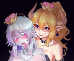 Rule 34 | 2girls, armlet, artist request, blonde hair, blue eyes, blush, bowsette, collar, crown, earrings, grabbing, grabbing another&#039;s breast, heart, heart-shaped pupils, horns, jewelry, luigi&#039;s mansion, mario (series), multiple girls, new super mario bros. u deluxe, nintendo, pointy ears, ponytail, princess king boo, sharp teeth, silver hair, spiked armlet, spiked collar, spikes, super crown, symbol-shaped pupils, teeth, tongue, tongue out, yuri