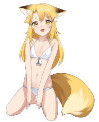 Rule 34 | 1girl, animal ear fluff, animal ears, ariyoshi gen, bare arms, bare legs, bare shoulders, barefoot, bikini, blonde hair, breasts, cleavage, collarbone, fox ears, fox girl, fox tail, full body, halterneck, highres, kneeling, long hair, looking at viewer, navel, open mouth, original, parted bangs, small breasts, smile, solo, swimsuit, tail, v arms, white bikini, yellow eyes, yue-chan
