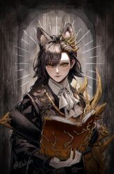 Rule 34 | 1girl, animal ears, arknights, ascot, black coat, black jacket, black nails, book, coat, eulyin huan, extra ears, gauntlets, highres, holding, holding book, jacket, mole above eye, mole on forehead, open book, open clothes, open coat, penance (arknights), single gauntlet, solo, white ascot, wolf ears, wolf girl