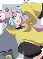 Rule 34 | 1girl, amamotyan, bow-shaped hair, character hair ornament, creatures (company), game freak, grey pantyhose, gym leader, hair ornament, hexagon print, highres, iono (pokemon), jacket, long hair, low-tied long hair, multicolored hair, nintendo, oversized clothes, pantyhose, pokemon, pokemon sv, sharp teeth, single leg pantyhose, sleeves past fingers, sleeves past wrists, split-color hair, teeth, very long sleeves, x, yellow jacket