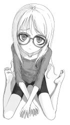 Rule 34 | 1girl, absurdres, barefoot, bike shorts, child, closed mouth, collarbone, feet, female focus, full body, glasses, greyscale, highres, inu chikushou, long hair, looking at viewer, monochrome, original, shirt, simple background, sitting, soles, solo, toes, wariza