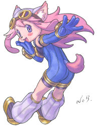 Rule 34 | 1girl, animal ear fluff, animal ears, ass, blush, bodysuit, chocolat gelato, cyber connect 2, dog ears, dog girl, dog tail, elbow gloves, furry, furry female, gloves, goggles, highres, little tail bronx, long hair, looking at viewer, official art, pink hair, purple eyes, solatorobo, solo, tail, yuuki nobuteru