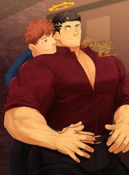 Rule 34 | 2boys, alternate costume, asahi (zabaniyan), bara, black hair, blush, collared shirt, eye contact, facial hair, feet out of frame, fire, flaming halo, halo, hand on hand, head on another&#039;s shoulder, highres, hug, hug from behind, large pectorals, looking at another, male focus, mature male, multiple boys, muscular, muscular male, partially unbuttoned, pectoral cleavage, pectorals, protagonist 4 (housamo), revision, shirt, short hair, sideburns, smile, spiked hair, stubble, thick thighs, thighs, tokyo houkago summoners, yaoi, yellow eyes, zabaniyya (housamo)