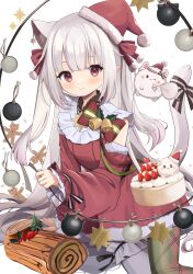Rule 34 | 1girl, animal ears, bell, black pantyhose, blush, cake, cat ears, cat girl, christmas, cowboy shot, detached sleeves, dress, extra ears, food, goma (u p), grey hair, hat, highres, long sleeves, looking at viewer, original, pantyhose, pointy ears, pom pom (clothes), red dress, red eyes, red sleeves, santa hat, simple background, smile, solo, white background, yule log (cake)