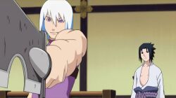 Rule 34 | anime screenshot, black eyes, black hair, blue streaks, exposed chest, furrowed brow, holding, holding sword, holding weapon, hoozuki suigetsu, long sleeves, multiple boys, muscular, muscular male, naruto (series), naruto shippuuden, purple eyes, rope belt, shirt, sleeveless, sleeveless shirt, slightly open shirt, spiked hair, sword, sword behind back, tooth sticking out of mouth, uchiha sasuke, weapon, white hair, white shirt