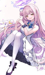 Rule 34 | 1girl, absurdres, angel, angel wings, blue archive, breasts, commentary request, dress, haidollo, hair bun, halo, highres, large breasts, long hair, looking at viewer, mika (blue archive), pantyhose, pink hair, ribbon, shoes, simple background, single hair bun, single side bun, sitting, smile, smug, solo, white background, white dress, white pantyhose, wings, yellow eyes