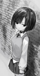 Rule 34 | 1girl, absurdres, blunt bangs, breasts, eki doki, expressionless, greyscale, highres, medium breasts, monochrome, necktie, original, photoshop (medium), school uniform, short hair, solo, vest