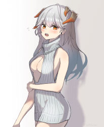Rule 34 | 1girl, absurdres, arknights, bad arm, bad id, bad pixiv id, bare arms, bare shoulders, blush, breasts, commentary, cowboy shot, drop shadow, earrings, furuki ayaginutaira, grey background, grey sweater, highres, horns, jewelry, long hair, medium breasts, no pants, orange eyes, ribbed sweater, saria (arknights), silver hair, simple background, sleeveless, sleeveless sweater, sleeveless turtleneck, solo, standing, sweater, turtleneck