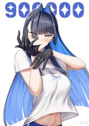 Rule 34 | 1girl, absurdres, adjusting clothes, adjusting gloves, biting, black gloves, black hair, blue eyes, blue hair, glove biting, glove pull, gloves, hair intakes, hands up, highres, hololive, hololive english, long hair, mouth hold, multicolored hair, navel, one eye closed, ouro kronii, shirt, solo, teeth hold, virtual youtuber, white shirt, zenya