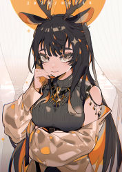 Rule 34 | 1girl, absurdres, animal ears, antlers, arknights, black hair, black nails, blush, breasts, brown eyes, brown jacket, closed mouth, colored inner hair, commentary, curtains, dated, deer ears, eyelashes, grey sweater, head rest, highres, horns, jacket, jewelry, lips, long hair, looking at viewer, medium breasts, multicolored hair, nail polish, necklace, off shoulder, orange hair, ribbed sweater, simple background, smile, solo, sweater, taowu (20809), tsukinogi (arknights), turtleneck, turtleneck sweater, two-tone hair, upper body