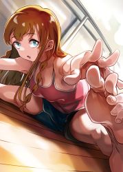 Rule 34 | 1girl, armpits, barefoot, blue eyes, blue shorts, braid, breasts, brown hair, cleavage, feet, from below, highres, idolmaster, idolmaster million live!, indoors, kousaka umi, leaning forward, long hair, medium breasts, on floor, open mouth, shorts, side braid, sitting, soles, solo, spread legs, stretching, sweat, toro3, twin braids