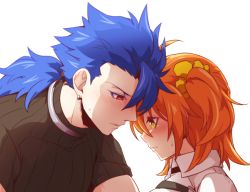 Rule 34 | 0nodera, 1boy, 1girl, asymmetrical bangs, black shirt, blue hair, blush, chaldea uniform, closed mouth, cu chulainn (fate), cu chulainn (fate) (all), cu chulainn (fate/prototype), earrings, fate/grand order, fate/prototype, fate (series), from side, fujimaru ritsuka (female), hair ornament, hair scrunchie, jewelry, looking at another, orange hair, ponytail, profile, red eyes, scrunchie, shirt, short hair, side ponytail, simple background, upper body, white background, yellow eyes