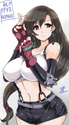Rule 34 | 1990s (style), 1girl, adjusting clothes, adjusting gloves, announcement celebration, belt, black hair, blush, breasts, brown eyes, copyright name, elbow gloves, female focus, final fantasy, final fantasy vii, fingerless gloves, gloves, large breasts, long hair, midriff, miniskirt, navel, red gloves, retro artstyle, signature, simple background, skirt, smile, solo, stomach, suspender skirt, suspenders, tifa lockhart, yasakani an
