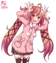 Rule 34 | 1girl, ahoge, alternate costume, artist logo, black thighhighs, coat, commentary request, cowboy shot, dated, grey skirt, hands up, highres, kanon (kurogane knights), kantai collection, long hair, looking at viewer, pink coat, pink eyes, pink hair, pleated skirt, rabbit pose, simple background, skirt, solo, thighhighs, uzuki (kancolle), white background