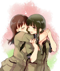 Rule 34 | 10s, 2girls, bad id, bad pixiv id, black hair, blunt bangs, blush, braid, breast press, breasts, breasts on another&#039;s back, brown hair, closed eyes, female focus, green eyes, hand on another&#039;s arm, heart, hug, hug from behind, kantai collection, kiss, kissing cheek, kitakami (kancolle), large breasts, long hair, looking back, multiple girls, neckerchief, ooi (kancolle), open mouth, personification, ponda7, school uniform, serafuku, short sleeves, single braid, yuri