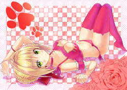 Rule 34 | 10s, 1girl, ahoge, animal ear legwear, arm cuffs, arm up, bad id, bad pixiv id, bare shoulders, blonde hair, blush, bra, braid, breasts, cat cutout, cat ear legwear, cat ear panties, cat lingerie, checkered background, choker, cleavage, cleavage cutout, closed mouth, clothing cutout, collarbone, fate/extra, fate (series), flower, french braid, frilled bra, frills, full body, green eyes, hair intakes, hair ribbon, highres, knees up, looking at viewer, lying, medium breasts, meme attire, nanakusa (user rnpt7322), navel, nero claudius (fate), nero claudius (fate) (all), nero claudius (fate/extra), on back, panties, paw print, red bra, red flower, red panties, red ribbon, red rose, red thighhighs, ribbon, rose, short hair, side-tie panties, smile, solo, thighhighs, underwear