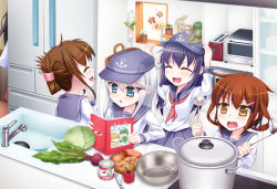 Rule 34 | 10s, 5girls, akatsuki (kancolle), beetroot, bell pepper, blue eyes, brown eyes, brown hair, cabbage, commentary, cookbook, hair ornament, hairclip, hat, hibiki (kancolle), ikazuchi (kancolle), inazuma (kancolle), kantai collection, ladle, long hair, multiple girls, mutenka, onion, pepper, personification, pot, school uniform, serafuku, short hair, silver hair, skirt, smile, translated, when you see it
