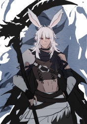 Rule 34 | 1boy, animal ears, warrior of light (ff14), cloak, crop top, dark skin, fictional persona, final fantasy, final fantasy xiv, fingerless gloves, ghost, gloves, highres, long hair, looking at viewer, lyra-kotto, midriff, navel, rabbit ears, reaper (final fantasy), red eyes, scythe, smile, solo, stomach, viera