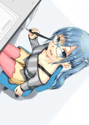 Rule 34 | 10s, 1girl, absurdres, blue eyes, blue hair, breasts, glasses, gradient background, highres, imai midori, long hair, looking up, matching hair/eyes, open mouth, ota tamashi, pantyhose, pen, shirobako, side ponytail, smile, solo