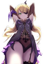 Rule 34 | 1girl, armpits, arms behind head, arms up, bare shoulders, black gloves, black thighhighs, blonde hair, blush, bodystocking, breasts, elbow gloves, eyepatch, fischl (genshin impact), garter straps, genshin impact, gloves, green eyes, hair over one eye, highres, long hair, looking at viewer, medium breasts, nosuku, single thighhigh, smile, solo, thighhighs, thighs, two side up