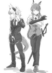 Rule 34 | 2girls, alternate costume, animal ear fluff, animal ears, arknights, closed mouth, collared shirt, commentary request, dragon girl, dragon horns, dragon tail, earpiece, expressionless, formal, fox ears, fox girl, franka (arknights), full body, greyscale, gun, hand on own ear, handgun, haruichi (sazanami complex), holding, holding gun, holding weapon, horns, jacket, light smile, liskarm (arknights), long hair, long sleeves, looking down, looking to the side, monochrome, multiple girls, necktie, pant suit, pants, profile, shirt, shoes, short hair, simple background, sketch, split mouth, standing, suit, suit jacket, sword, tail, unfinished, vest, waistcoat, weapon