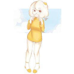 Rule 34 | 1girl, absurdres, artist name, borrowed character, breasts, commentary, egg (food), egg (lemyawn), english commentary, fingersmile, food, fried egg, full body, grin, highres, medium breasts, monster girl, nicuoi, original, signature, slime girl, smile, socks, solo, sweater, yellow sweater
