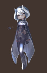 Rule 34 | 1girl, black eyes, black hair, boots, breasts, brown background, cape, character name, gloves, head tilt, made in abyss, medium breasts, multicolored hair, odakojirou, ozen, pouch, solo, white hair