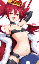 Rule 34 | 1girl, arm up, bare shoulders, bikini, bikini top only, black bikini, black collar, black gloves, black thighhighs, clothes down, coat, collar, commentary request, crown, demon wings, disgaea, disgaea rpg, earrings, elbow gloves, etna (disgaea), fang, flat chest, fur-trimmed coat, fur trim, gloves, highres, jewelry, looking at viewer, micro bikini, microskirt, nakata (nkt vvd), navel, o-ring collar, open mouth, pointy ears, prinny, red coat, red eyes, red hair, red wings, simple background, skirt, skull earrings, smile, solo, stomach, swimsuit, thighhighs, twintails, white background, wings
