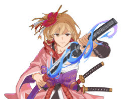 Rule 34 | 1girl, blonde hair, breasts, brown eyes, chest sarashi, commentary, commission, djeeta (granblue fantasy), english commentary, fikkyun, flower, glaring, granblue fantasy, hadanugi dousa, hair flower, hair ornament, hairpin, holding, holding sheath, holding sword, holding weapon, japanese clothes, kagurabachi, kagurabachi pose (meme), katana, kengo (granblue fantasy), kimono, looking at viewer, meme, one side up, open kimono, pink kimono, sarashi, scarf, sheath, short hair, signature, simple background, small breasts, solo, sword, unsheathing, vambraces, weapon, white background