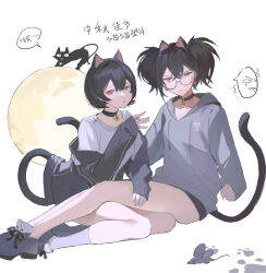 Rule 34 | 2girls, absurdres, animal ears, black cat, black choker, black hair, brown eyes, cat, cat ears, cat girl, cat tail, chinese commentary, chinese text, choker, closed mouth, commentary request, glasses, grey hoodie, grey socks, highres, hood, hoodie, legs, long sleeves, looking at viewer, multiple girls, off shoulder, original, poxiao buff, semi-rimless eyewear, shirt, shoes, short hair, simple background, sitting, sleeves past wrists, socks, tail, twintails, white background, white shirt