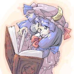 Rule 34 | 1girl, arnest, bespectacled, blue hair, book, female focus, glasses, hat, lowres, patchouli knowledge, purple hat, solo, touhou