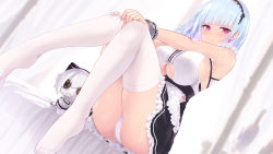 Rule 34 | 1girl, apron, azur lane, bare shoulders, black hairband, blue hair, blunt bangs, blush, breasts, button eyes, buttons, cait aron, clothing cutout, dido (azur lane), earrings, frills, hairband, highres, jewelry, large breasts, long hair, looking at viewer, no shoes, panties, pantyshot, pink eyes, sitting, sleeveless, solo, stuffed toy, thighhighs, thighhighs pull, underboob, underboob cutout, underwear, waist apron, white apron, white panties, white thighhighs