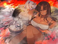 Rule 34 | 2girls, beer can, blush, bon (vtuber), breasts, brown hair, can, character request, cleavage, closed eyes, dark-skinned female, dark skin, drink can, feet out of frame, highres, indie virtual youtuber, large breasts, multiple girls, naked towel, onsen, parted lips, ripples, second-party source, smile, towel, virtual youtuber, white hair, yugami gooshu