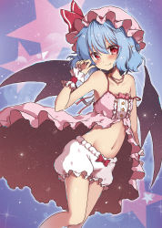 Rule 34 | 1girl, bare arms, bare shoulders, bat wings, beni kurage, bloomers, blue hair, commentary request, cowboy shot, fang, hat, hat ribbon, highres, looking at viewer, midriff, mob cap, pointy ears, red eyes, red ribbon, remilia scarlet, ribbon, short hair, smile, solo, star (symbol), strap slip, thighs, touhou, underwear, white bloomers, wings, wrist cuffs