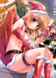 Rule 34 | 1girl, absurdres, bell, belly, belt, bikini, bikini top only, blonde hair, blue eyes, blush, boots, breasts, christmas, cleavage, coat, frilled legwear, gift, grin, hat, highres, holding, holding gift, komatsu eiji, long hair, looking at viewer, midriff, miniskirt, navel, open clothes, open coat, original, santa costume, santa hat, sitting, skirt, smile, solo, swimsuit, undressing