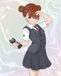 Rule 34 | 1girl, asymmetrical bangs, bare arms, breasts, brown eyes, brown hair, buttons, closed mouth, commentary request, diagonal-striped clothes, diagonal-striped necktie, dot nose, double bun, electricity, eyebrows hidden by hair, eyes visible through hair, feet out of frame, grey background, grey jacket, grey skirt, grey vest, hair bun, hair over one eye, hand up, highres, holding, jacket, juufuku miho, light blush, looking at viewer, necktie, pleated skirt, school uniform, shin (highest1192), shirt, short hair, short sleeves, skirt, small breasts, smile, solo, standing, striped clothes, stun gun, t-shirt, thighs, toaru kagaku no railgun, toaru majutsu no index, vest, white shirt