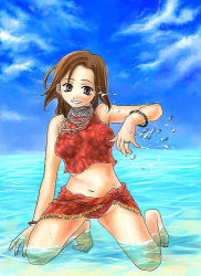 Rule 34 | 00s, 1girl, bikini, brown eyes, brown hair, day, final fantasy, final fantasy xi, hume, jewelry, kneeling, lowres, necklace, ocean, outdoors, sky, solo, swimsuit, tankini