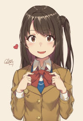 Rule 34 | 1girl, :d, adjusting neckwear, artist name, blush, bow, bowtie, brown eyes, brown hair, buttons, cloba, dated, heart, highres, idolmaster, idolmaster cinderella girls, jacket, long hair, long sleeves, looking at viewer, one side up, open mouth, red bow, red bowtie, school uniform, shimamura uzuki, signature, simple background, smile, solo, upper body, wing collar