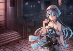 Rule 34 | 1girl, absurdres, aqua eyes, aqua hair, arm support, arm up, artist name, bad id, bad pixiv id, bare shoulders, belt, black dress, blush, bow, breasts, building, choker, city lights, cityscape, cleavage, colored eyelashes, dress, eyelashes, finger to mouth, frilled skirt, frills, gloves, hat, highres, lee (saraki), long hair, night, open mouth, original, outdoors, plant, potted plant, railing, ribbon, saraki, sign, skirt, solo, teeth, twintails, window