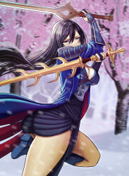 Rule 34 | 1girl, absurdres, alternate costume, alternate hair color, armor, ass, black hair, blue eyes, boots, breasts, butt crack, cherry blossoms, cleavage, coattails, commission, commissioner upload, cosplay, dual wielding, falchion (fire emblem), fire emblem, fire emblem awakening, fundoshi, fur trim, gloves, hair between eyes, high heels, highres, holding, japanese clothes, katana, large breasts, long hair, looking at viewer, lucina (fire emblem), medium breasts, nintendo, non-web source, outdoors, panties, pantyshot, pelvic curtain, saikunartworks, say&#039;ri (fire emblem), say&#039;ri (fire emblem) (cosplay), seven-branched sword, side slit, snow, solo, sword, thighs, underwear, weapon, white panties