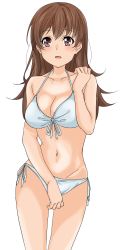 Rule 34 | 1girl, absurdres, bikini, breasts, brown eyes, brown hair, cleavage, cowboy shot, front-tie top, highres, kantai collection, long hair, maonatten, medium breasts, navel, ooi (kancolle), side-tie bikini bottom, simple background, solo, standing, swimsuit, white background, white bikini