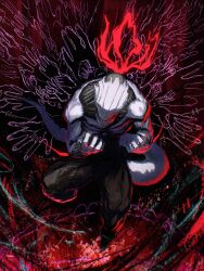 Rule 34 | 1boy, from above, grin, highres, jujutsu kaisen, kota 2kx, leaning forward, mahito (jujutsu kaisen), male focus, monster, multicolored background, multiple hands, no eyes, no nose, pale skin, smile, solo, tail, topless male