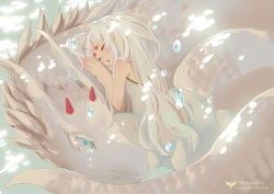 Rule 34 | 1girl, bad id, bad pixiv id, bubble, character name, copyright name, dragon, fang, long hair, mia0309, pixiv fantasia, pixiv fantasia new world, pointy ears, sleeping, underwater, white hair