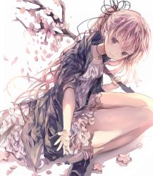 Rule 34 | 1girl, backlighting, bad id, bad pixiv id, black footwear, branch, cardigan, cherry blossoms, closed mouth, commentary request, dress, floral print, flower, from side, hair between eyes, highres, holding, holding branch, kneeling, long hair, looking at viewer, open cardigan, open clothes, opopowa, original, outstretched arm, petals, platform footwear, ponytail, revision, shadow, shoes, smile, solo, very long hair, wavy hair, white background, white dress