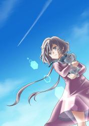 Rule 34 | 10s, 1girl, animal, blue eyes, blue sky, coat, commentary request, contrail, cowboy shot, day, dog, dress, dutch angle, expressionless, from below, hachiya, holding, holding animal, holding dog, konno junko, lens flare, looking to the side, low twintails, outdoors, petticoat, purple coat, purple hair, romero (zombie land saga), short hair, sky, solo, standing, twintails, zombie land saga