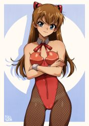 Rule 34 | 1girl, blue eyes, breasts, brown hair, cleavage, crossed arms, curvy, detached collar, gravydood, highleg, highleg leotard, leotard, long hair, looking at viewer, neon genesis evangelion, pantyhose, red leotard, shiny clothes, simple background, skin tight, solo, souryuu asuka langley, strapless, strapless leotard, tsundere, two side up, wide hips
